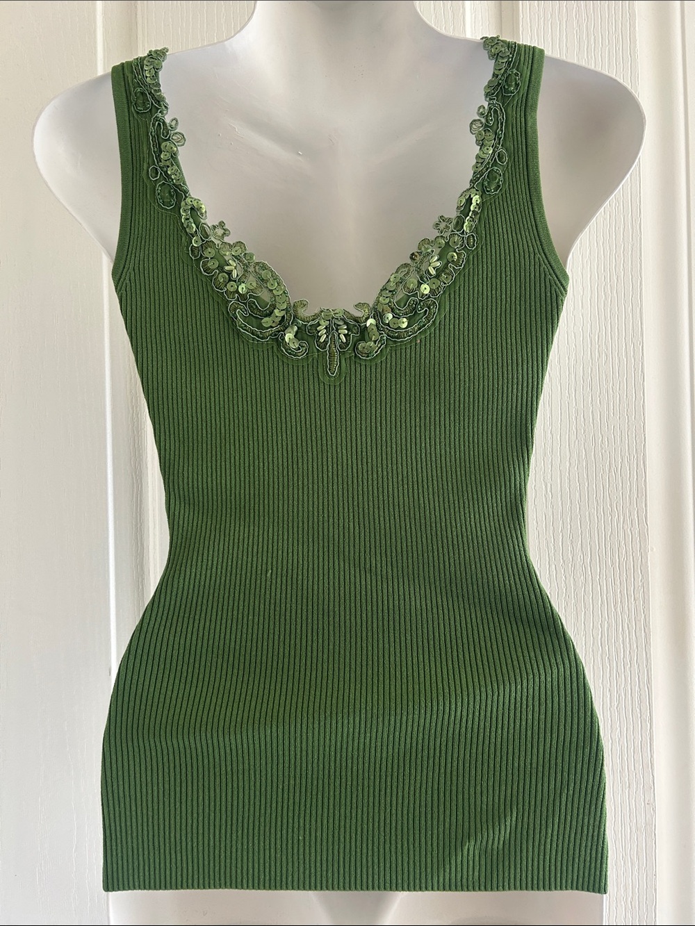 Cache Olive Green Embellished Ribbed Tank Top - Picture 3 of 4